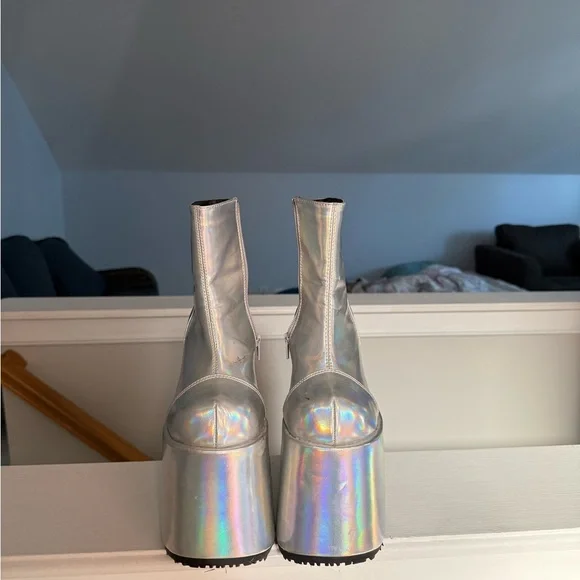 Demonia Silver Holographic Platform Boots - Picture 3 of 6